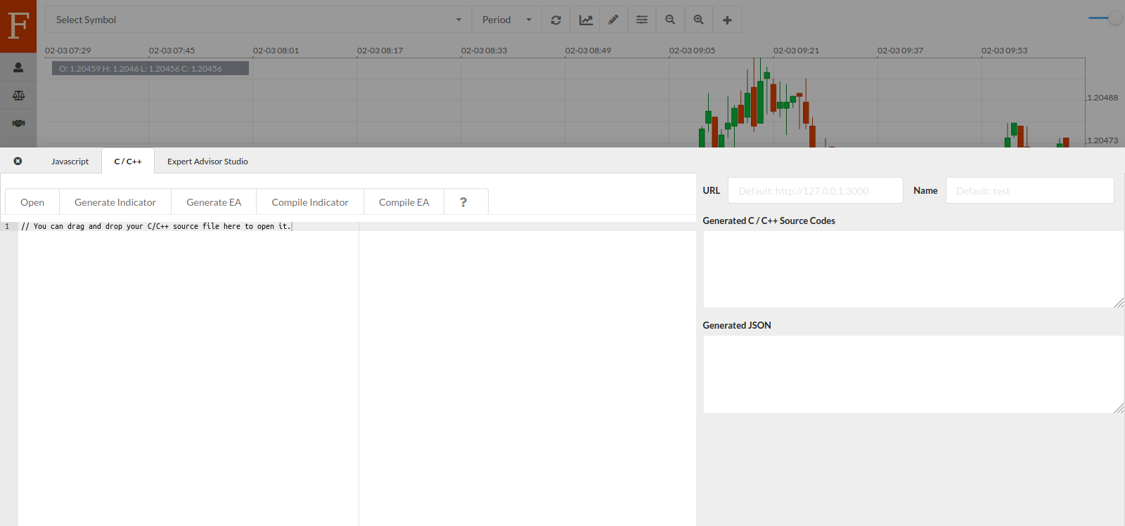 Fintechee's C/C++/MQL Compiler used to build Expert Advisors coded by C/C++/MQL and make them run on the browsers